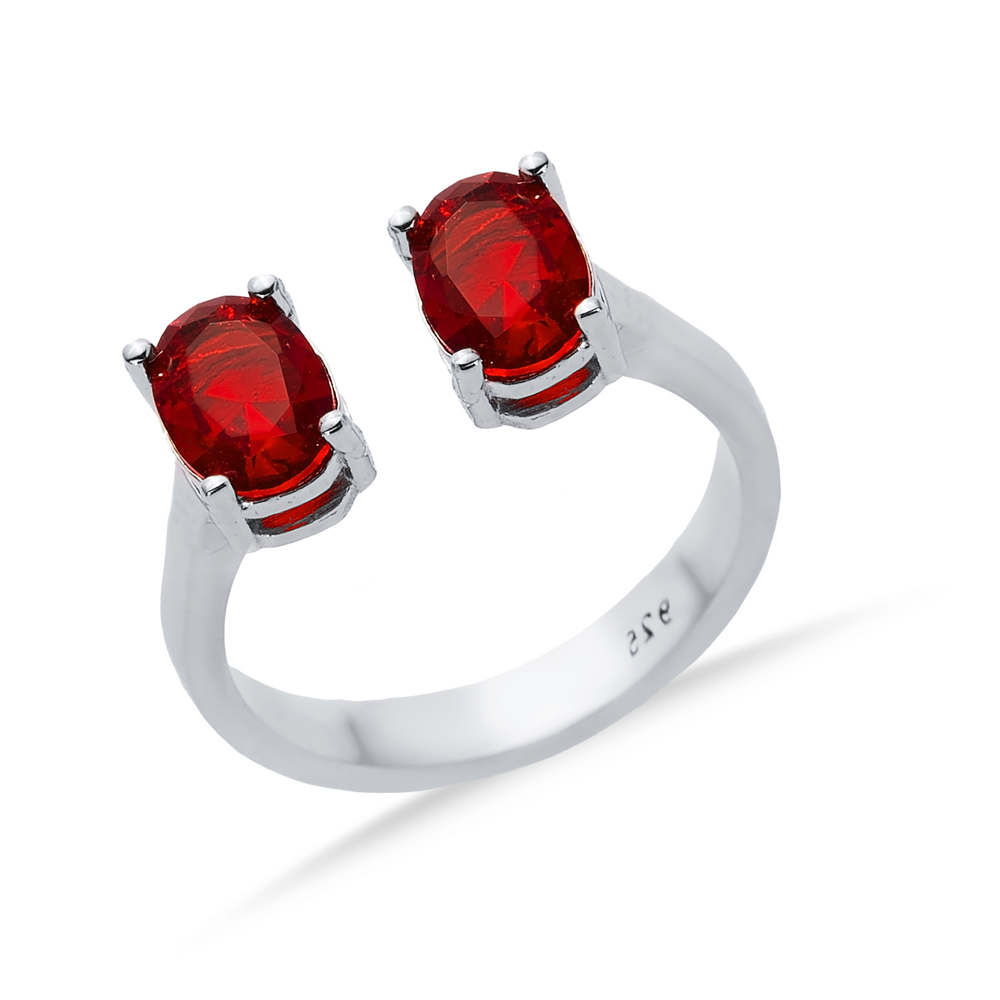 Garnet CZ Oval Silver Adjustable Ring
