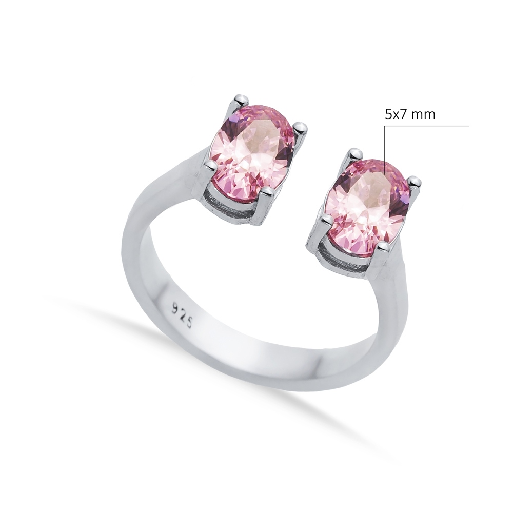 Pink CZ Oval Silver Adjustable Ring