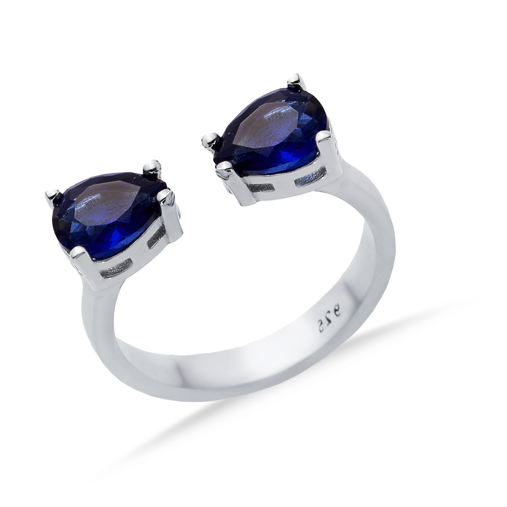 Pear Sapphire CZ Silver Adjustable Ring