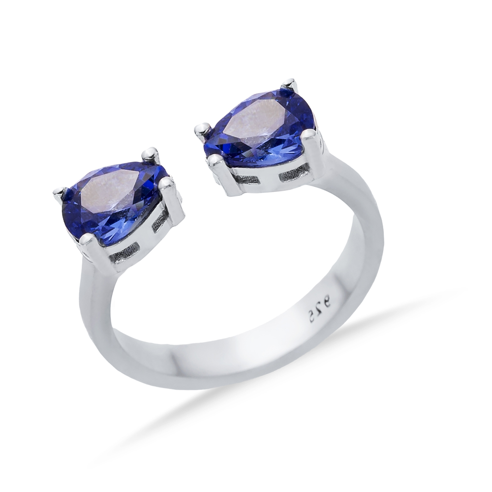 Pear Tanzanite CZ Silver Adjustable Ring