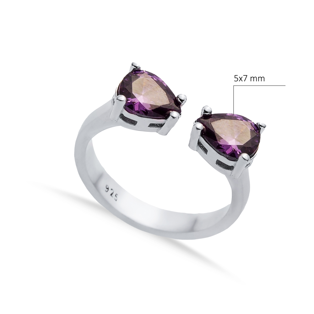 Pear Amethyst CZ Silver Adjustable Ring