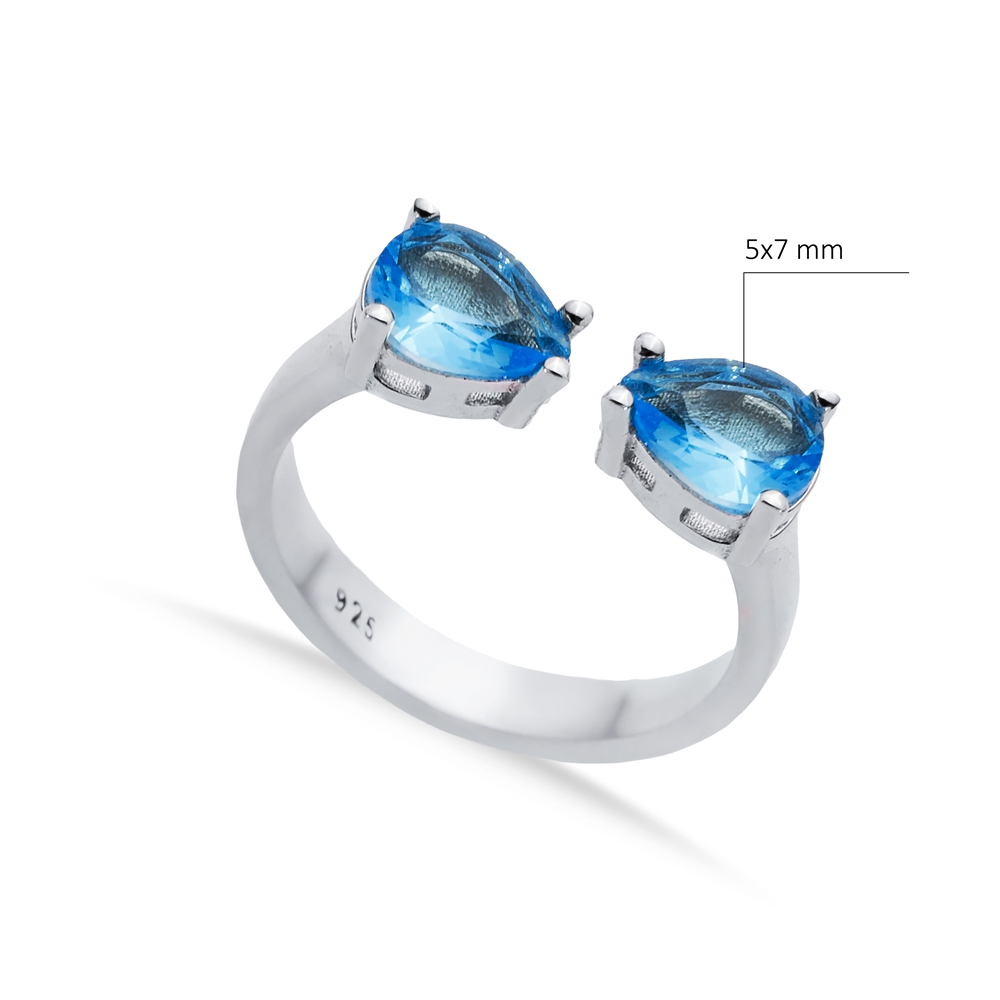 Aquamarine CZ Pear Silver Adjustable Ring
