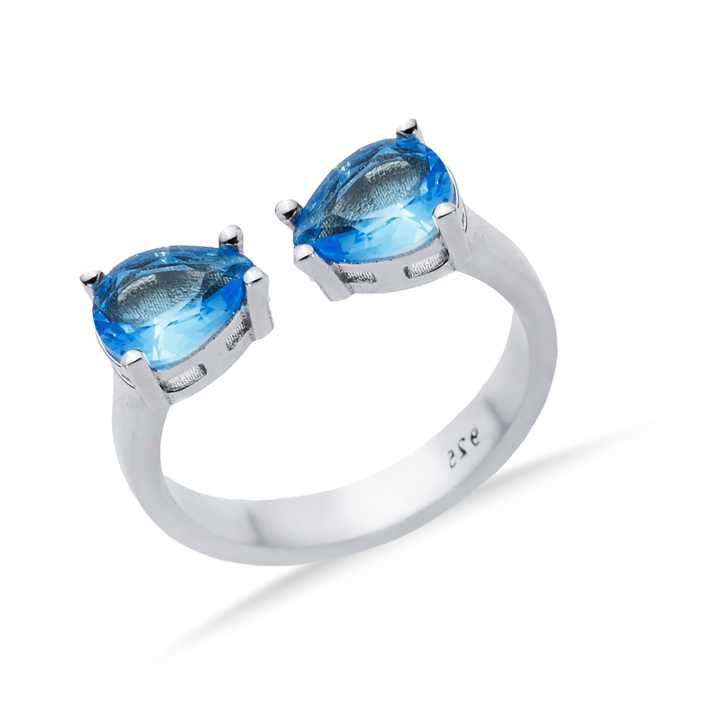 Aquamarine CZ Pear Silver Adjustable Ring