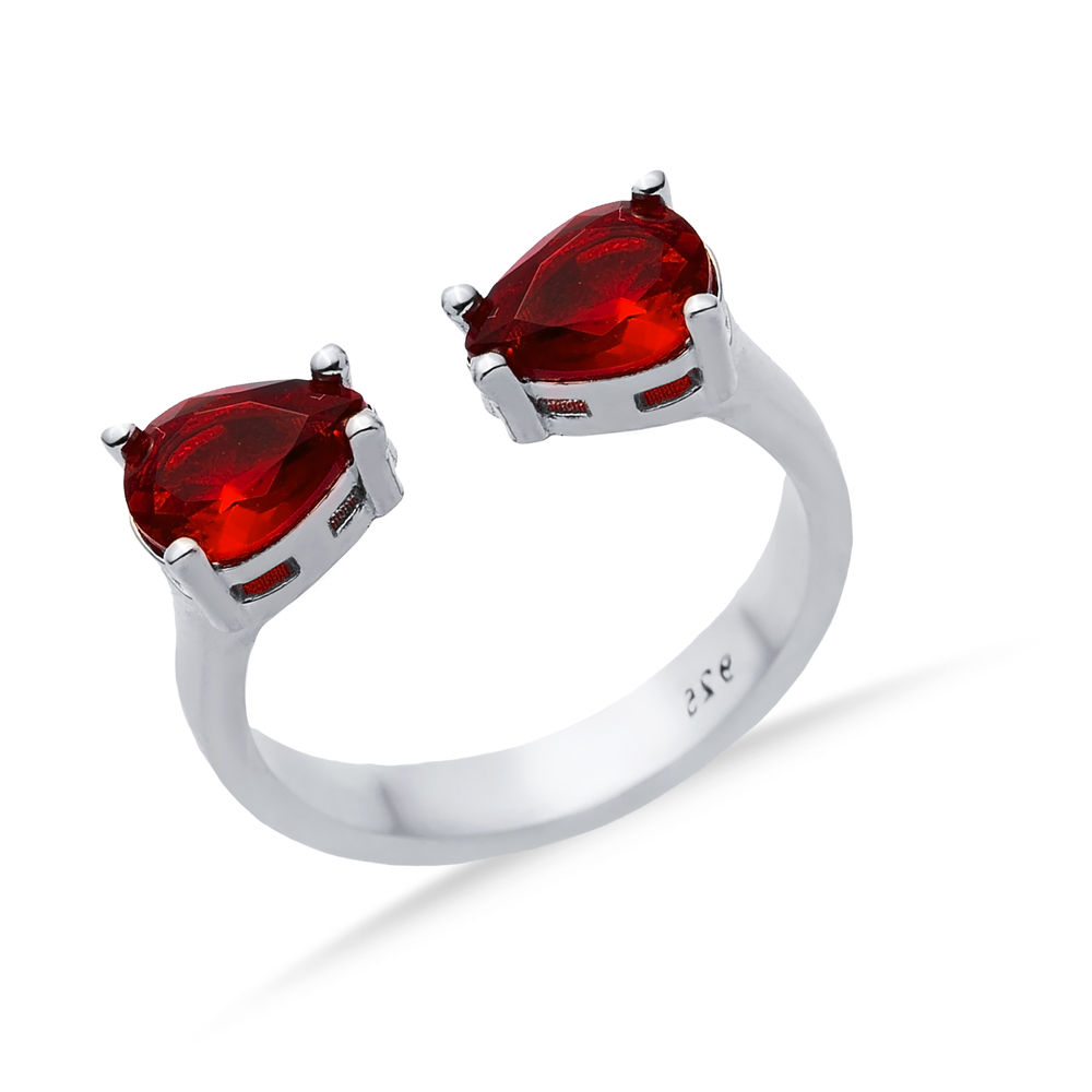 Garnet CZ Pear Silver Adjustable Ring