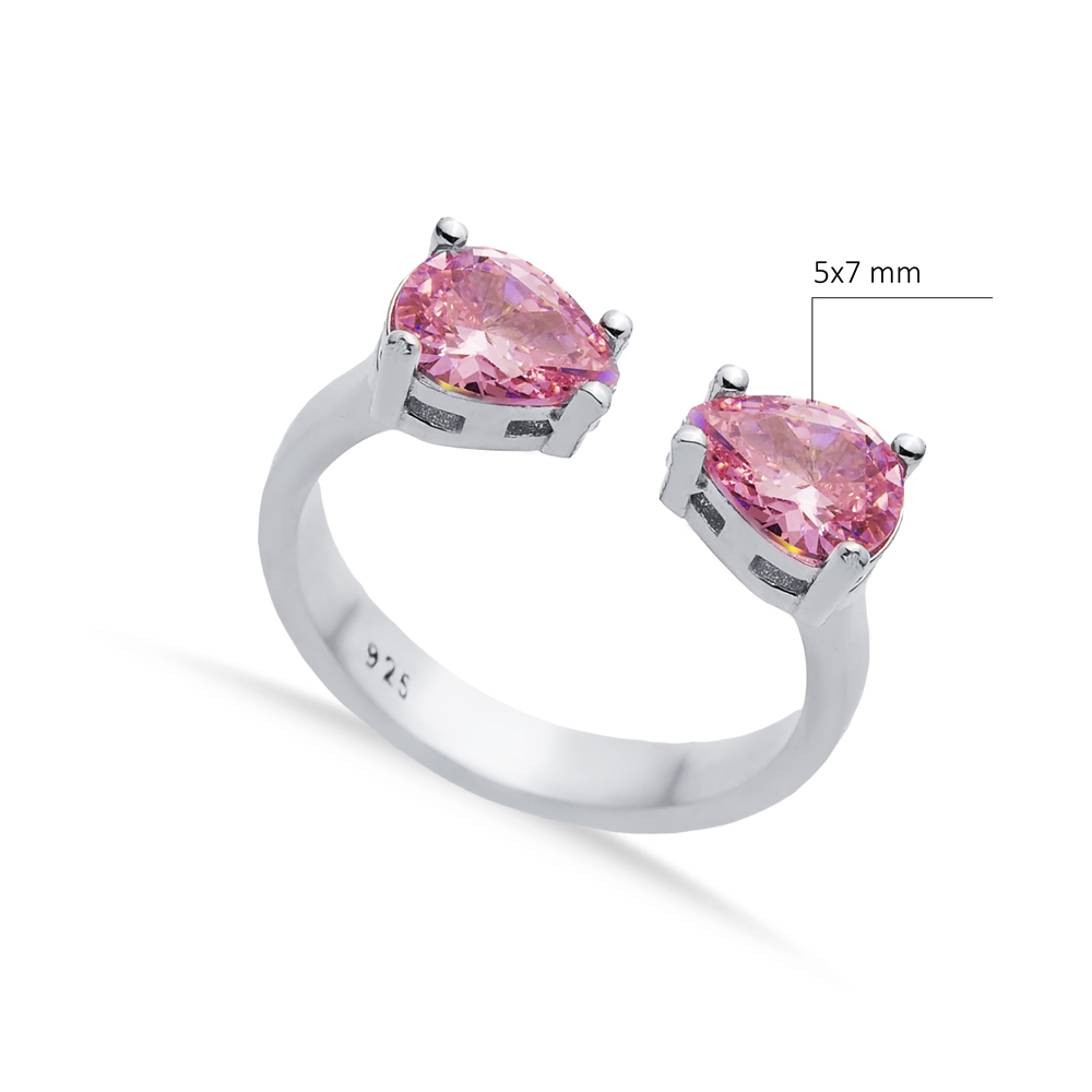 Pink CZ Pear Silver Adjustable Ring