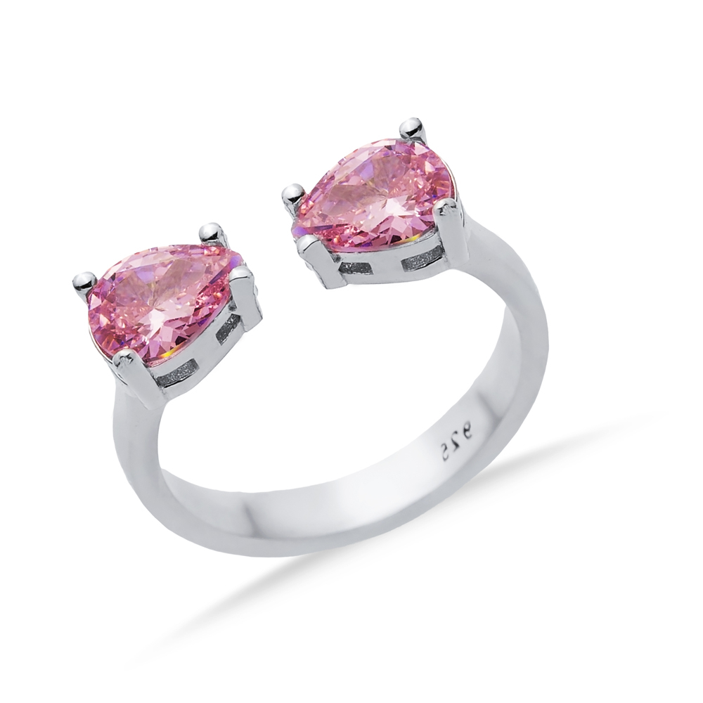 Pink CZ Pear Silver Adjustable Ring