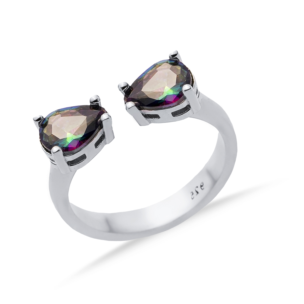 Mystic Topaz Pear Silver Adjustable Ring