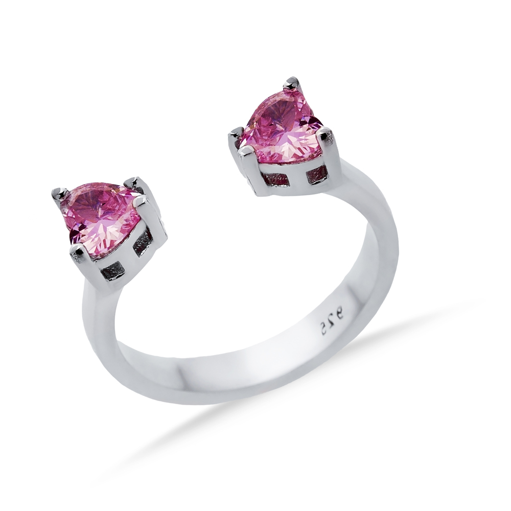 Pink CZ Heart Silver Adjustable Ring