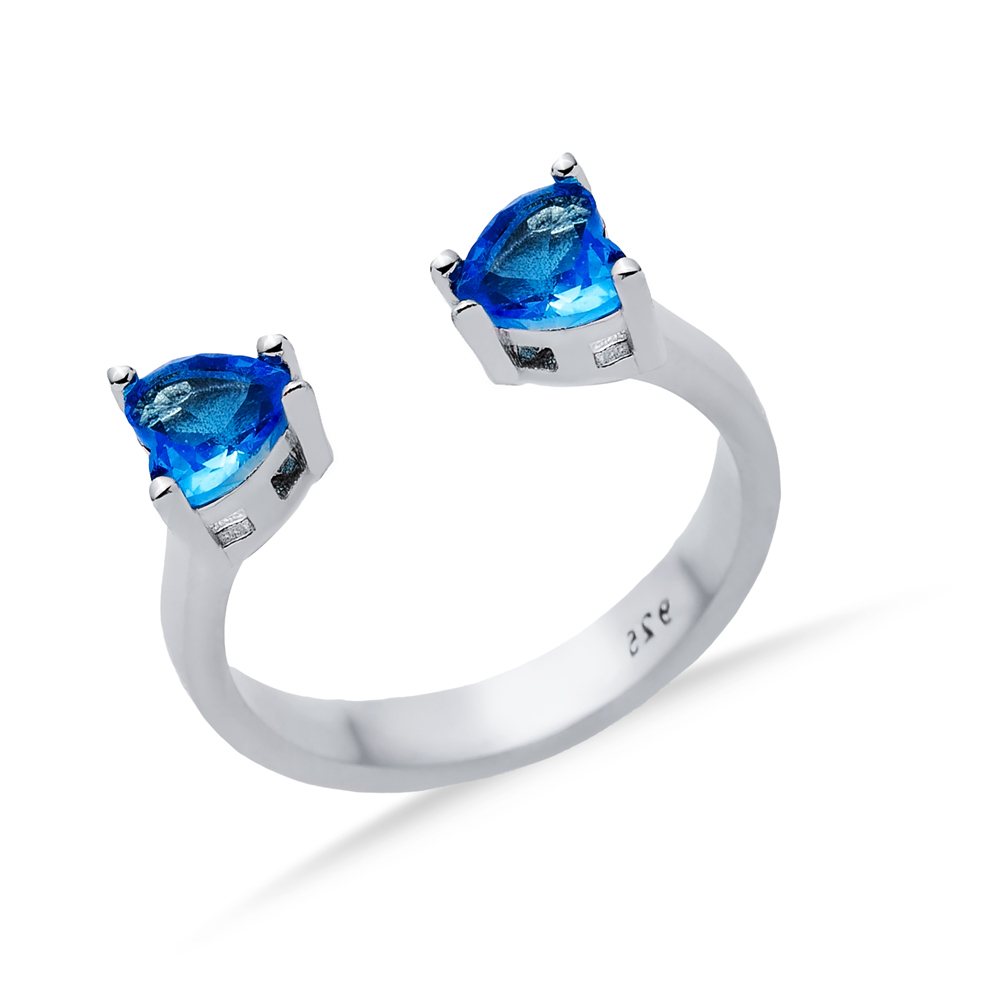 Aquamarine CZ Heart Silver Adjustable Ring