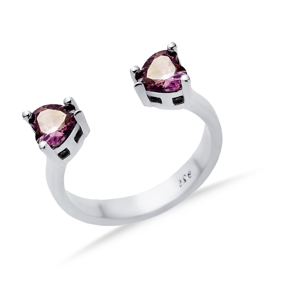 Amethyst CZ Heart Silver Adjustable Ring