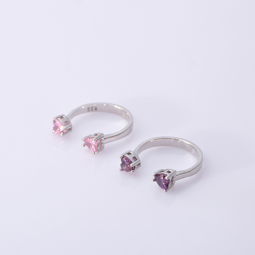 Amethyst CZ Heart Silver Adjustable Ring