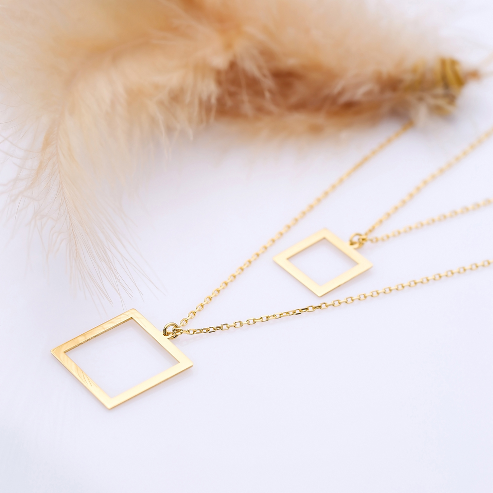 Square Hollow Layered Charm Necklace Silver Plain Jewelry