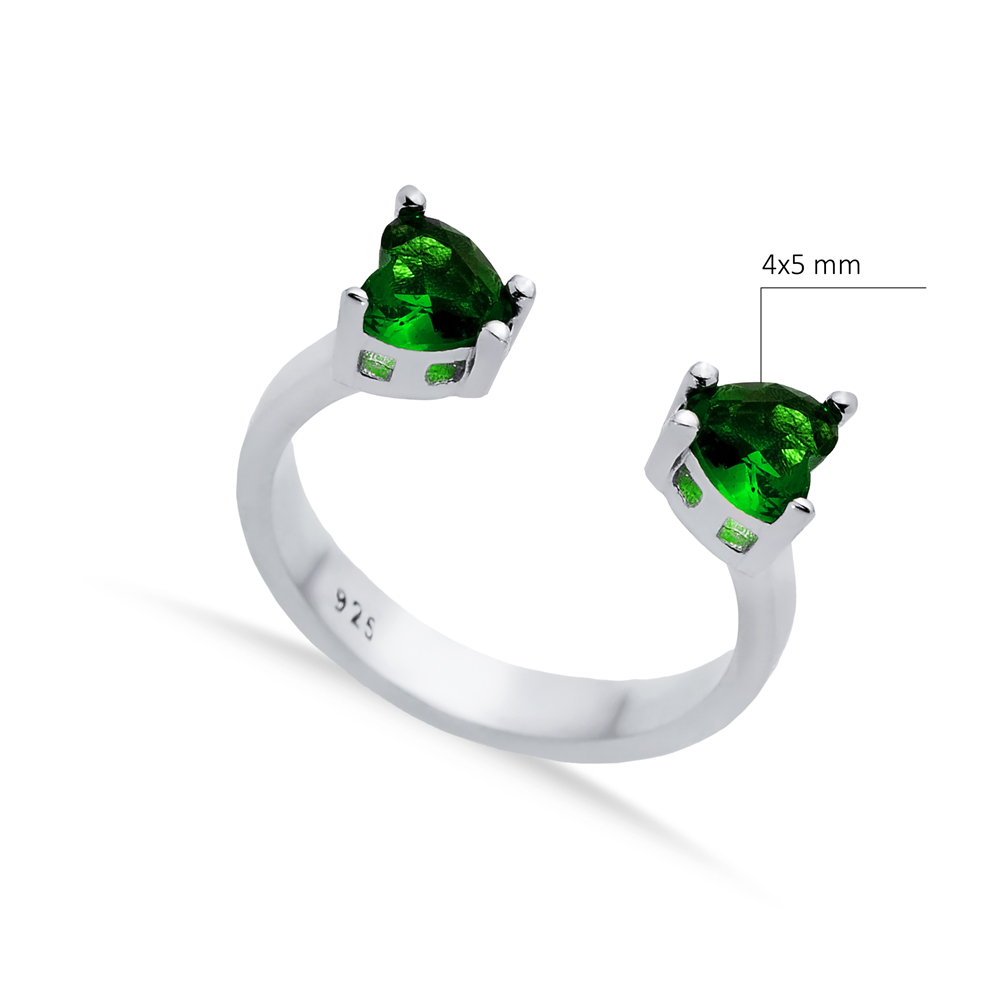 Emerald CZ Heart Silver Adjustable Ring