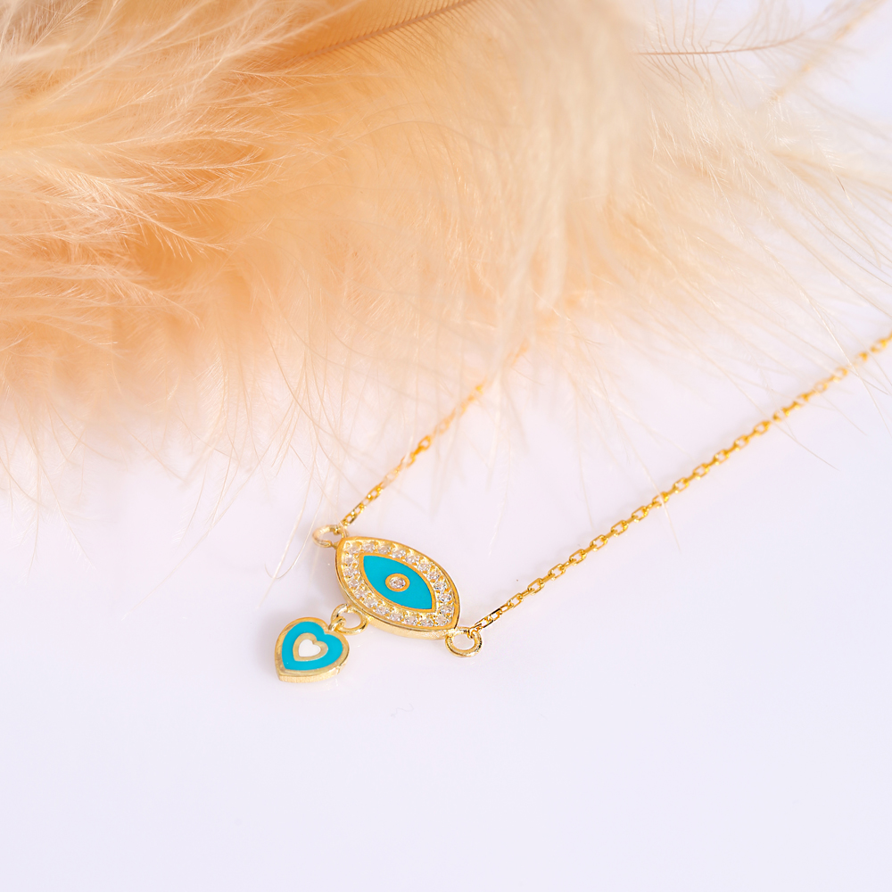 Eye Design Enamel Heart Charm Necklace