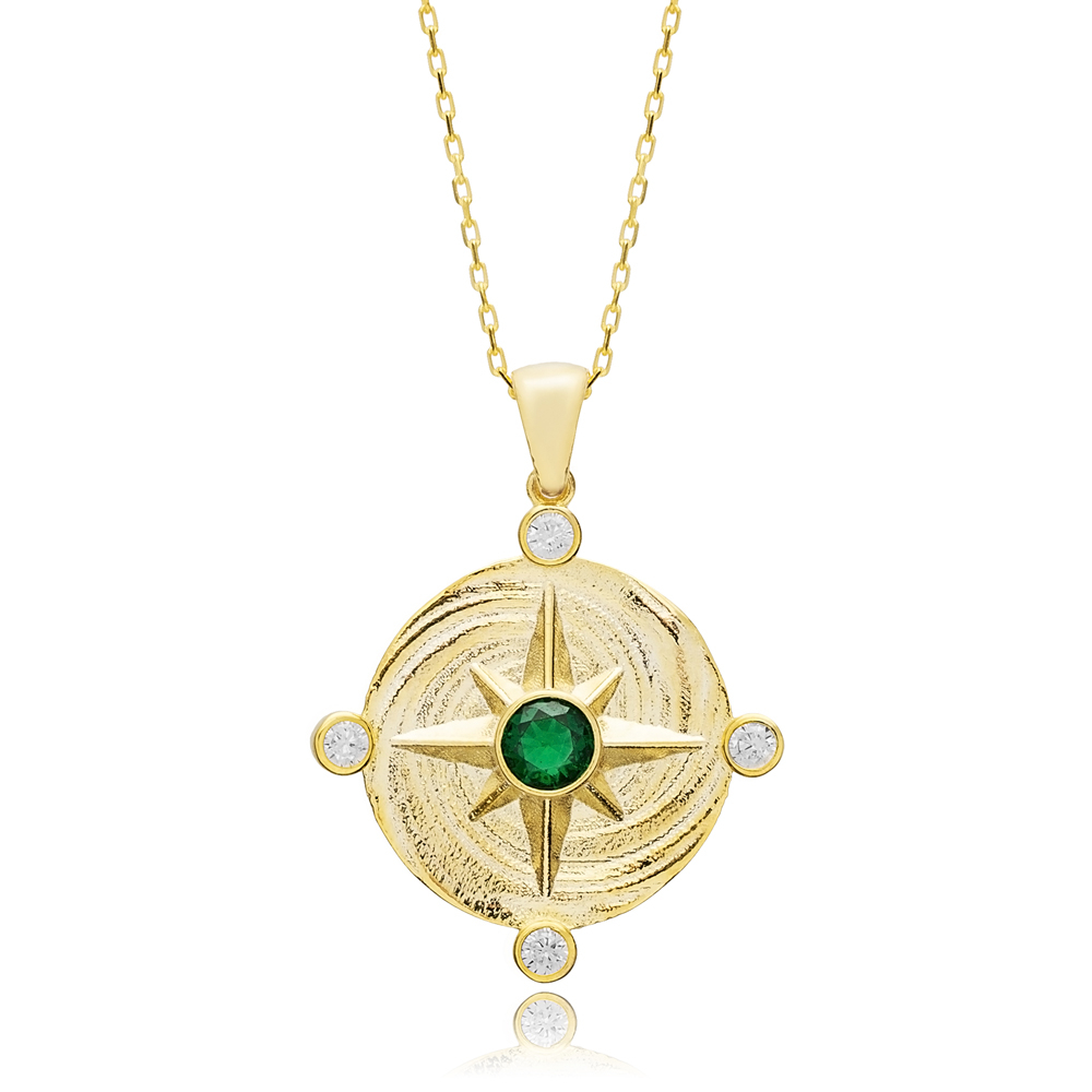Dainty Compass Emerald CZ Charm Necklace