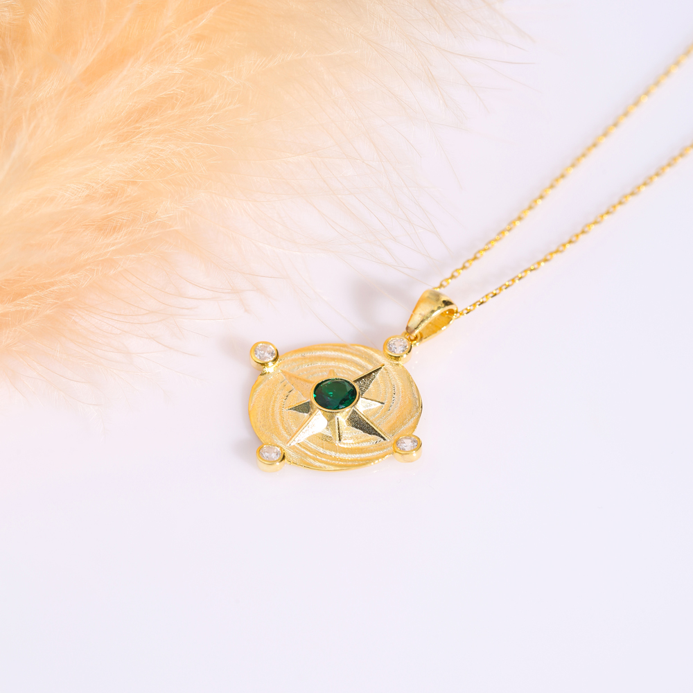 Dainty Compass Emerald CZ Charm Necklace
