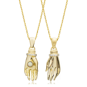 Hand Design White Opal Stone Charm Necklace