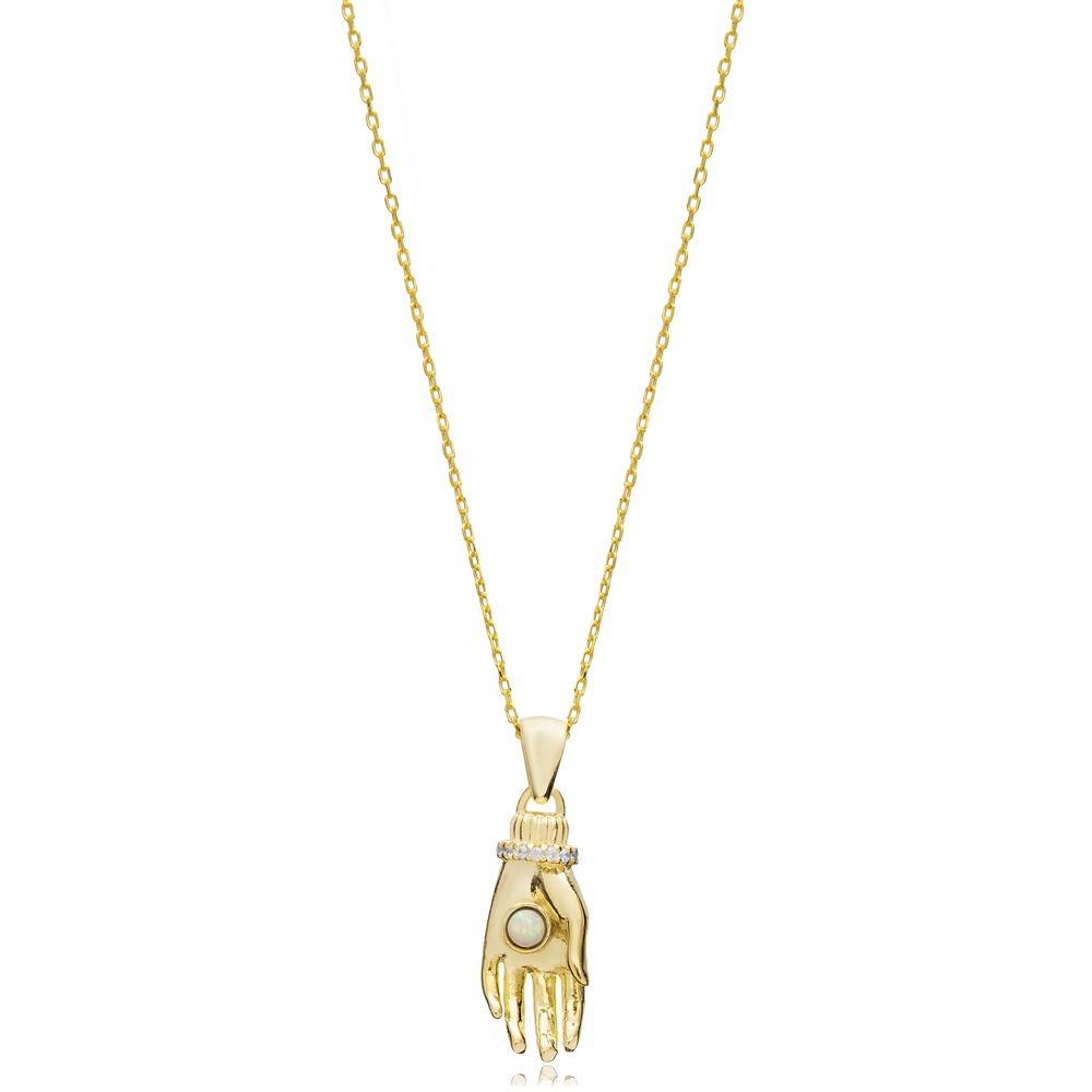Hand Design White Opal Stone Charm Necklace