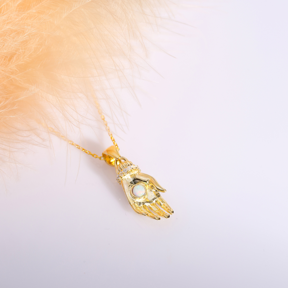 Hand Design White Opal Stone Charm Necklace