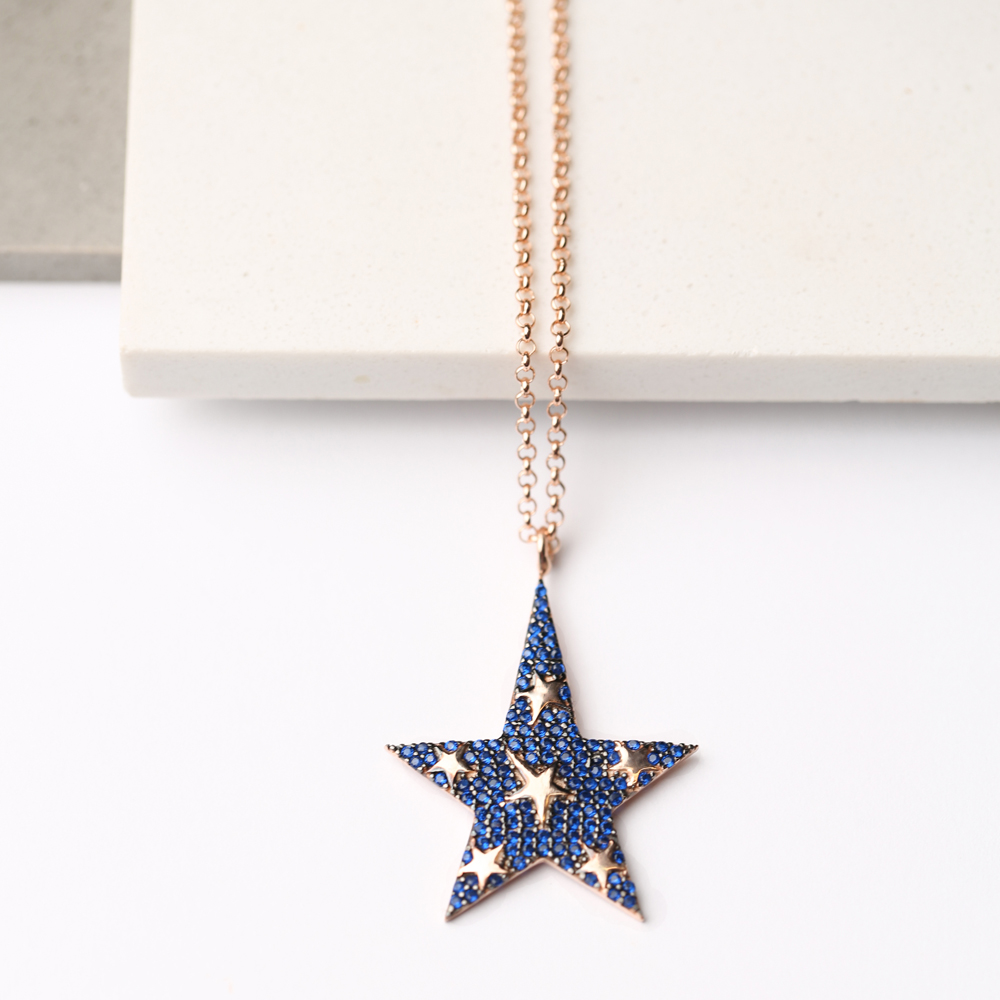 Sapphire Stone Dainty Star Charm Pendant Necklace 925 Sterling Silver Jewelry