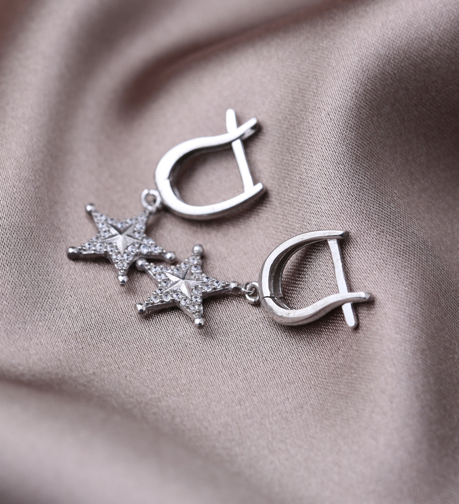 Star Design Zircon Dangle Earrings Turkish Wholesale Sterling Silver Jewelry