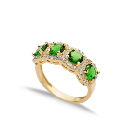 Emerald CZ Five Stone Round Silver Ring