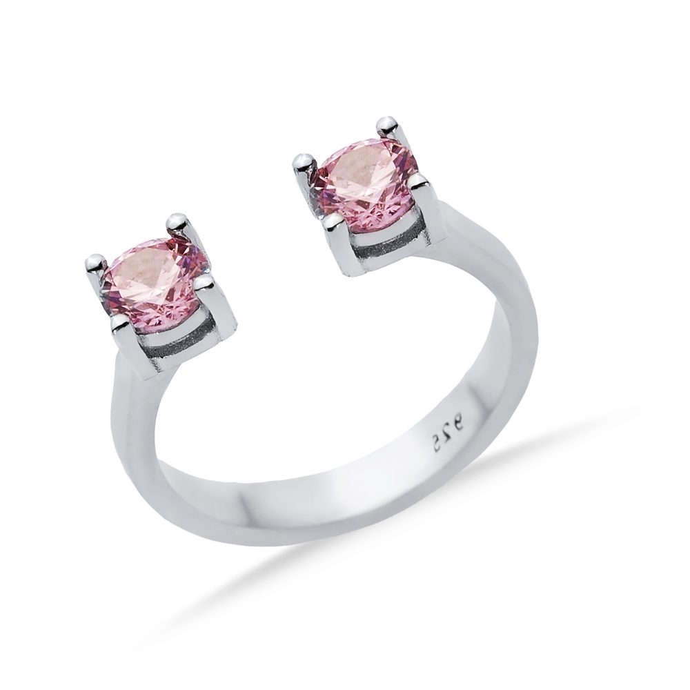 Pink CZ Round Silver Adjustable Ring