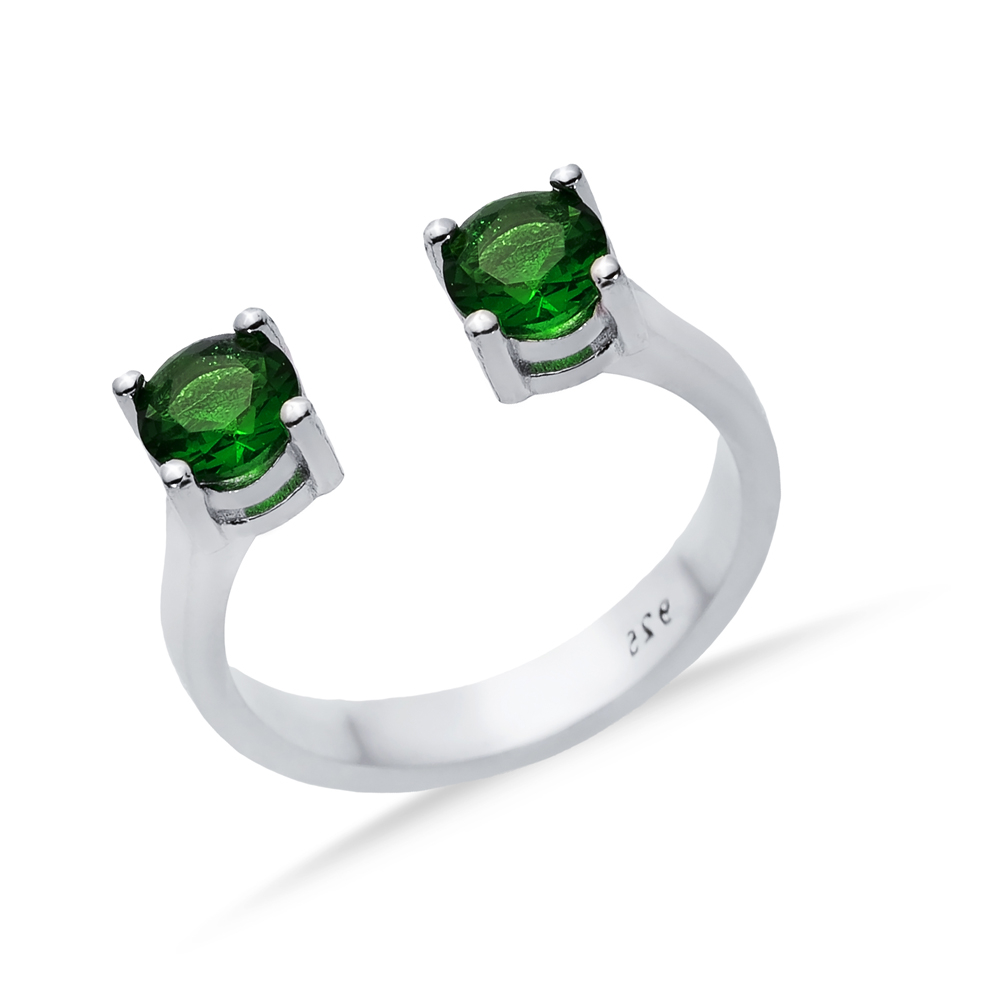 Emerald CZ Round Silver Adjustable Ring