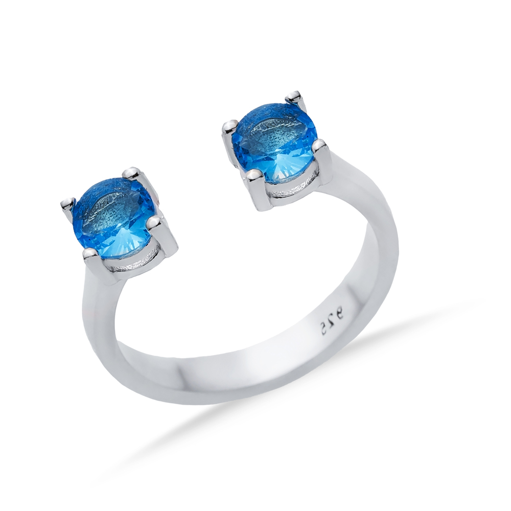 Aquamarine CZ Round Silver Adjustable Ring
