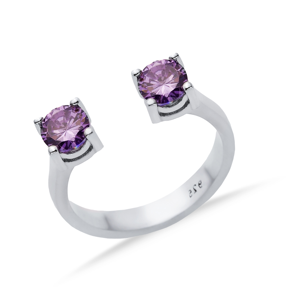 Amethyst CZ Round Silver Adjustable Ring