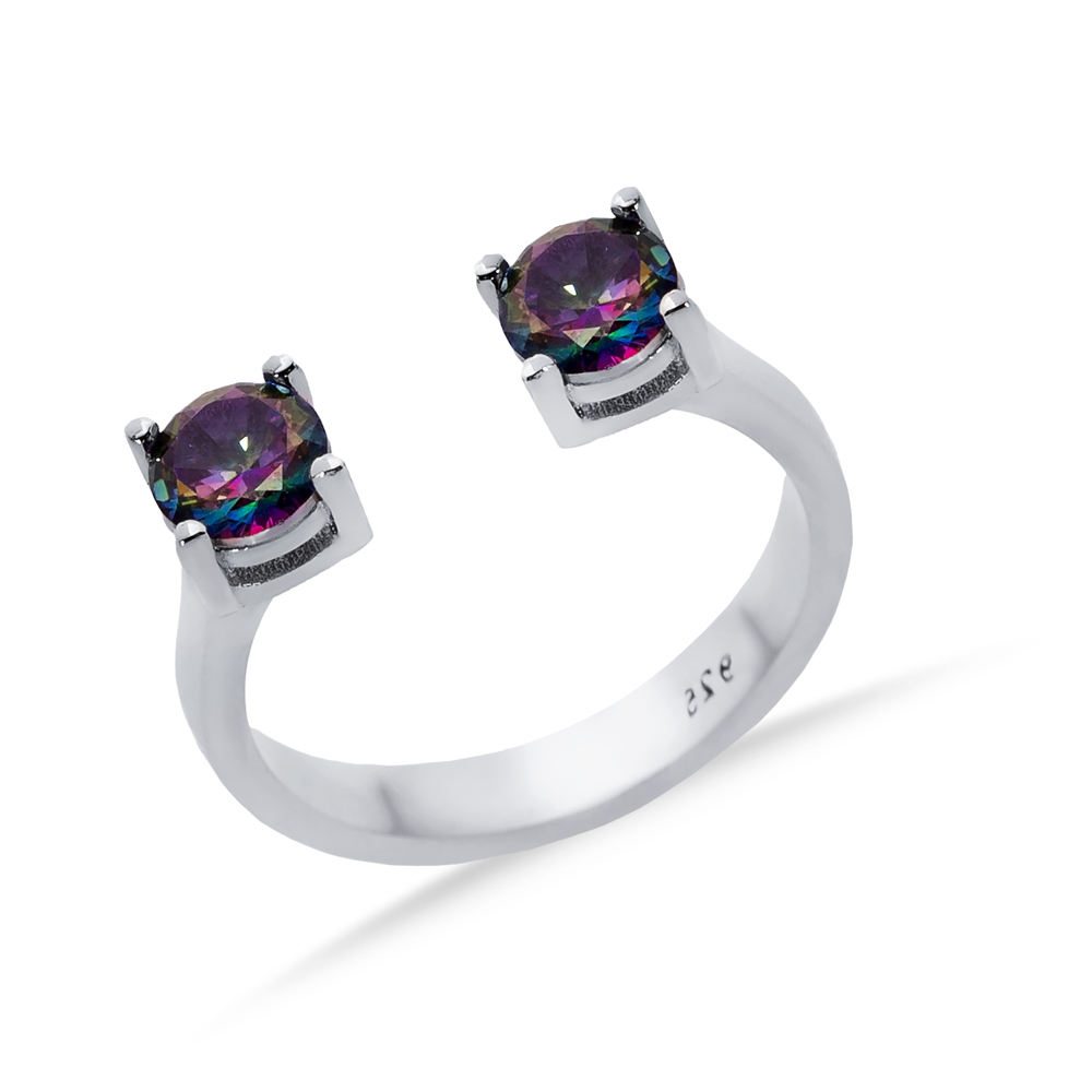 Mystic Topaz CZ Round Silver Adjustable Ring