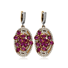 Ruby CZ Oval Authentic Turkish Dangle Earrings