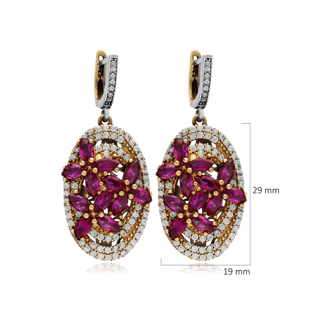 Ruby CZ Oval Authentic Turkish Dangle Earrings