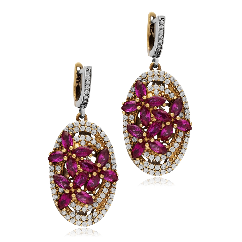 Ruby CZ Oval Authentic Turkish Dangle Earrings