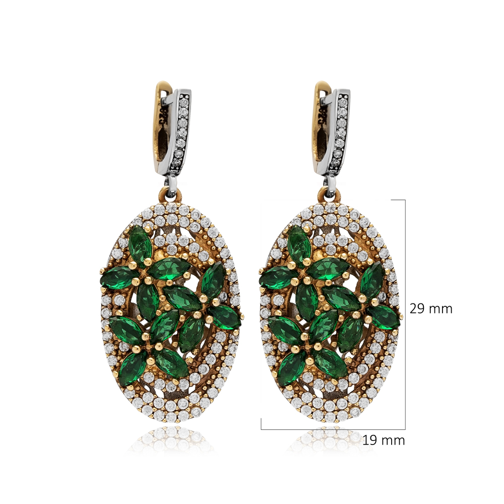 Emerald CZ Oval Authentic Turkish Dangle Earrings