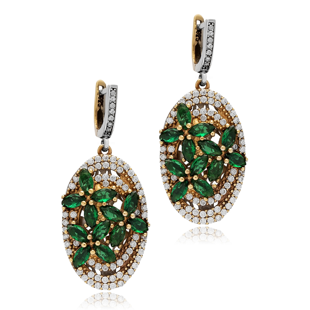Emerald CZ Oval Authentic Turkish Dangle Earrings