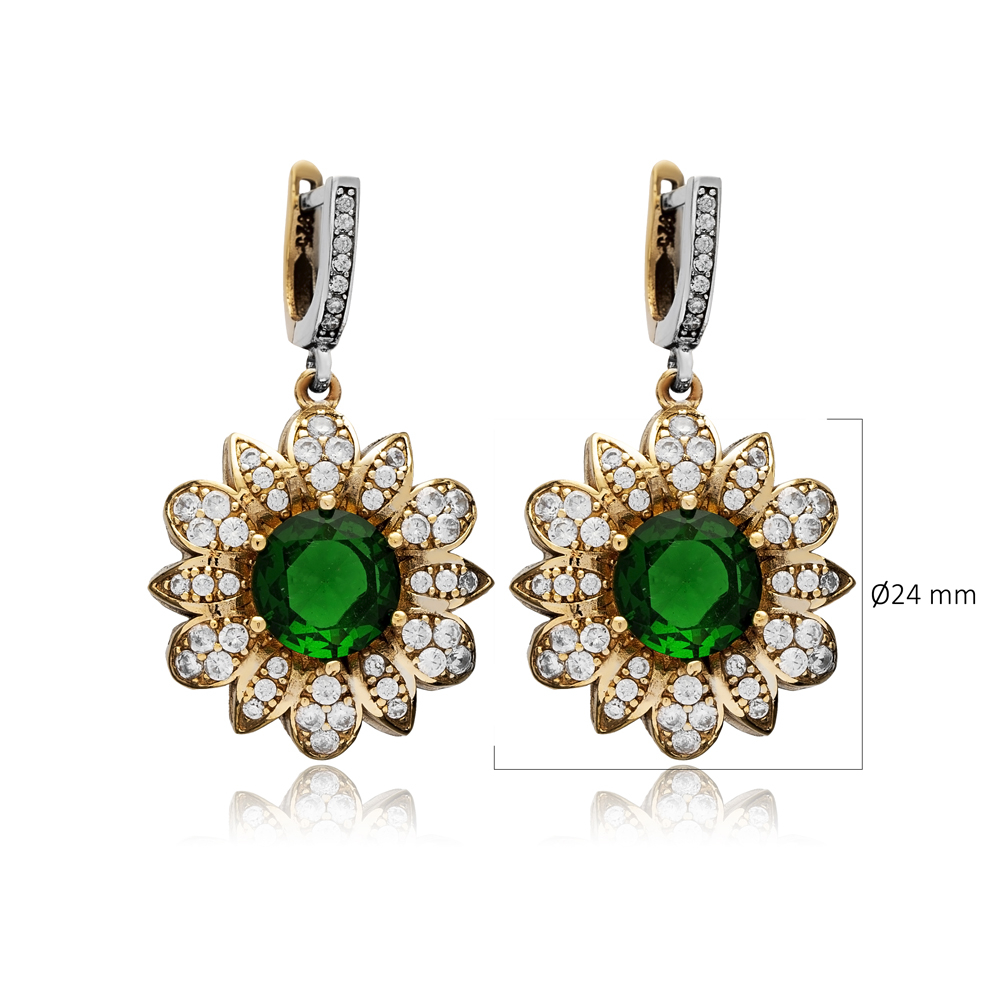 Flower CZ Emerald Authentic Turkish Dangle Earrings