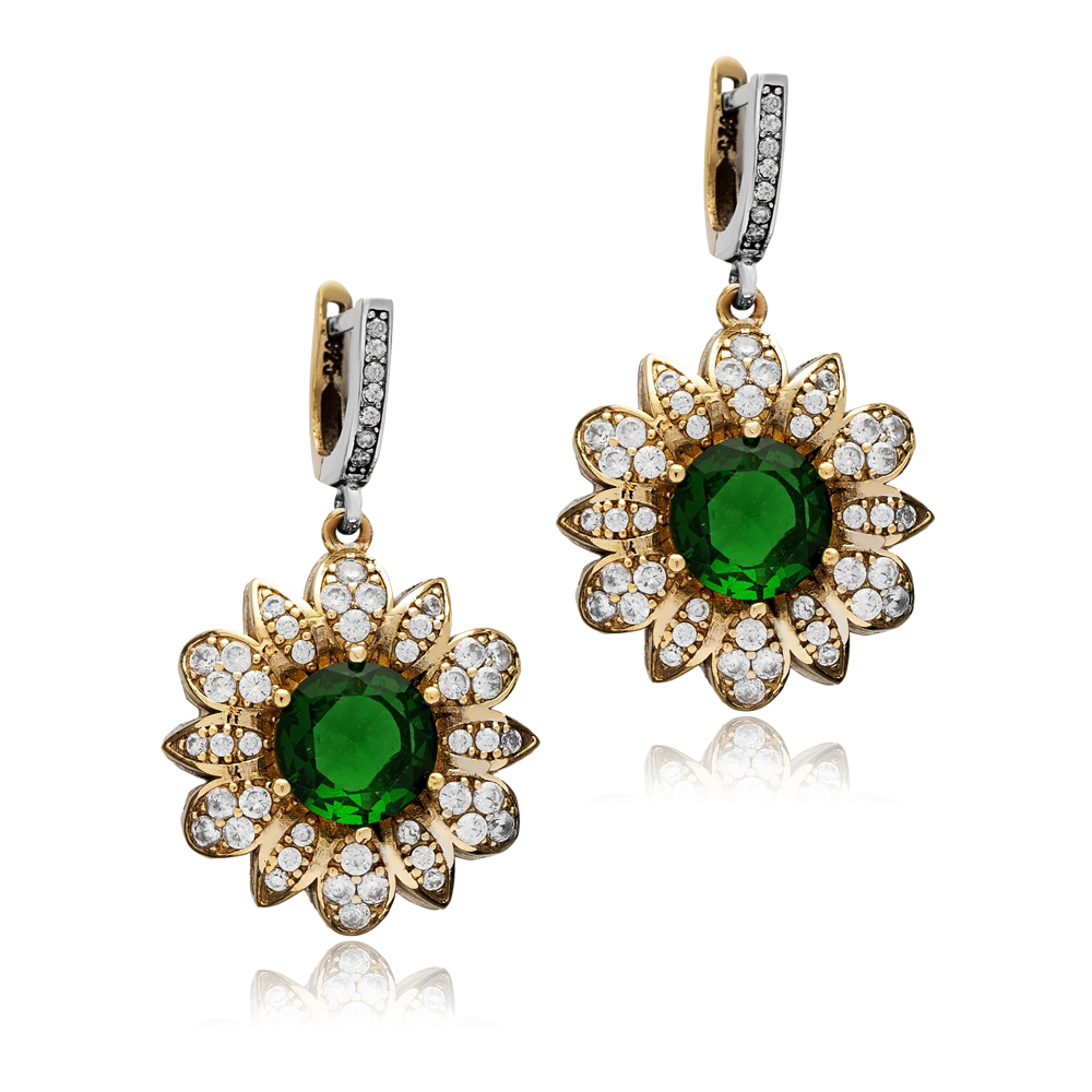 Flower CZ Emerald Authentic Turkish Dangle Earrings