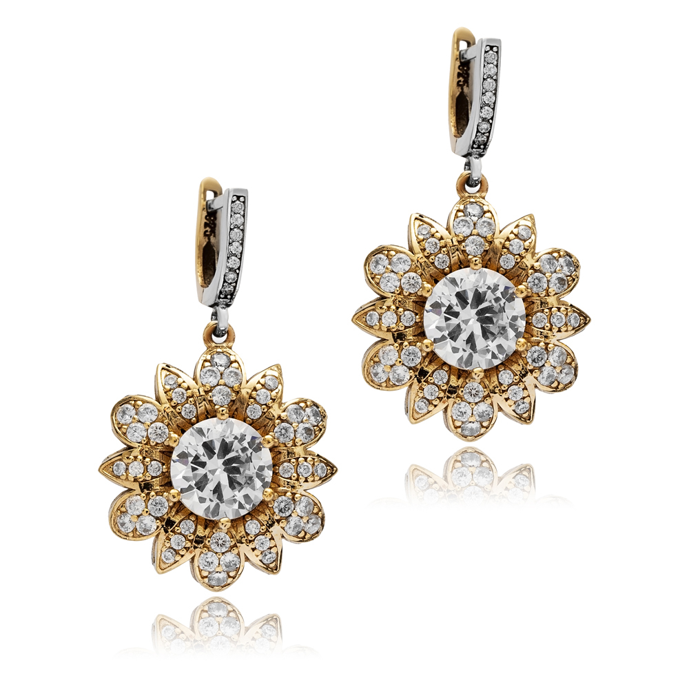 Flower CZ Authentic Turkish Dangle Earrings