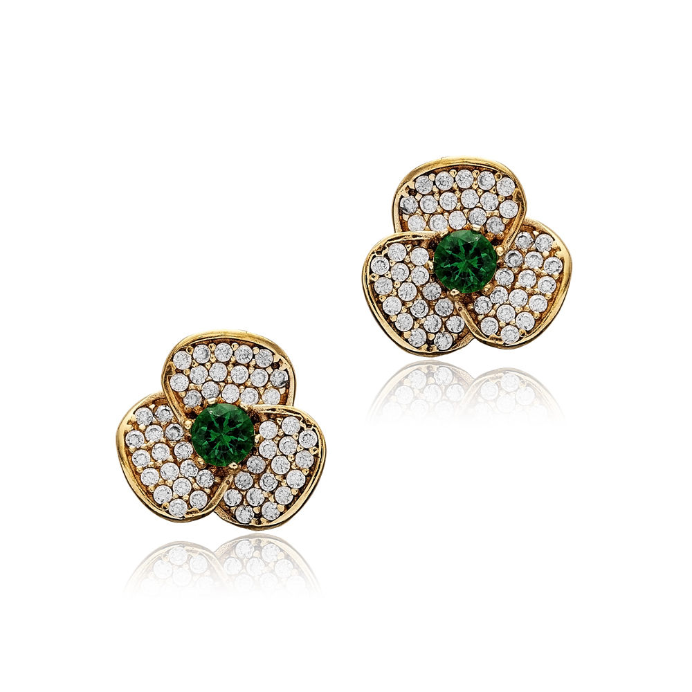 Emerald CZ Flower Authentic Earrings