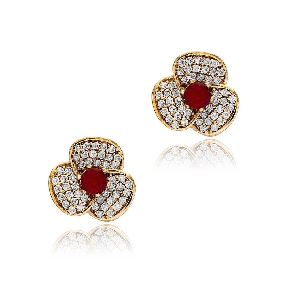 Garnet CZ Flower Authentic Earrings