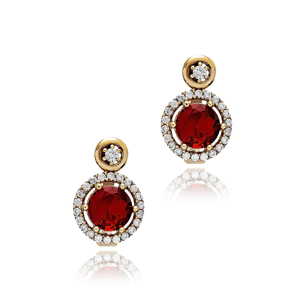 Garnet Cz Round Shape Authentic Earrings