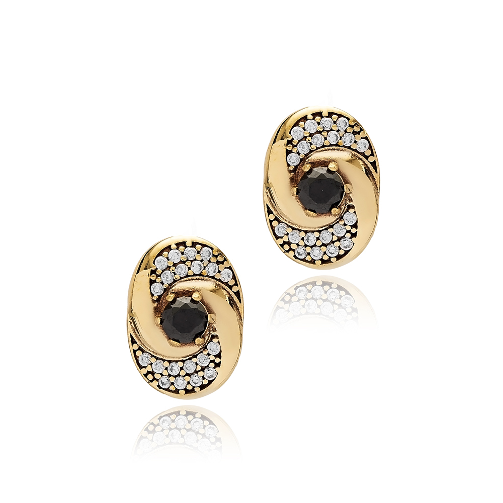 Black CZ Round Design Authentic Earrings