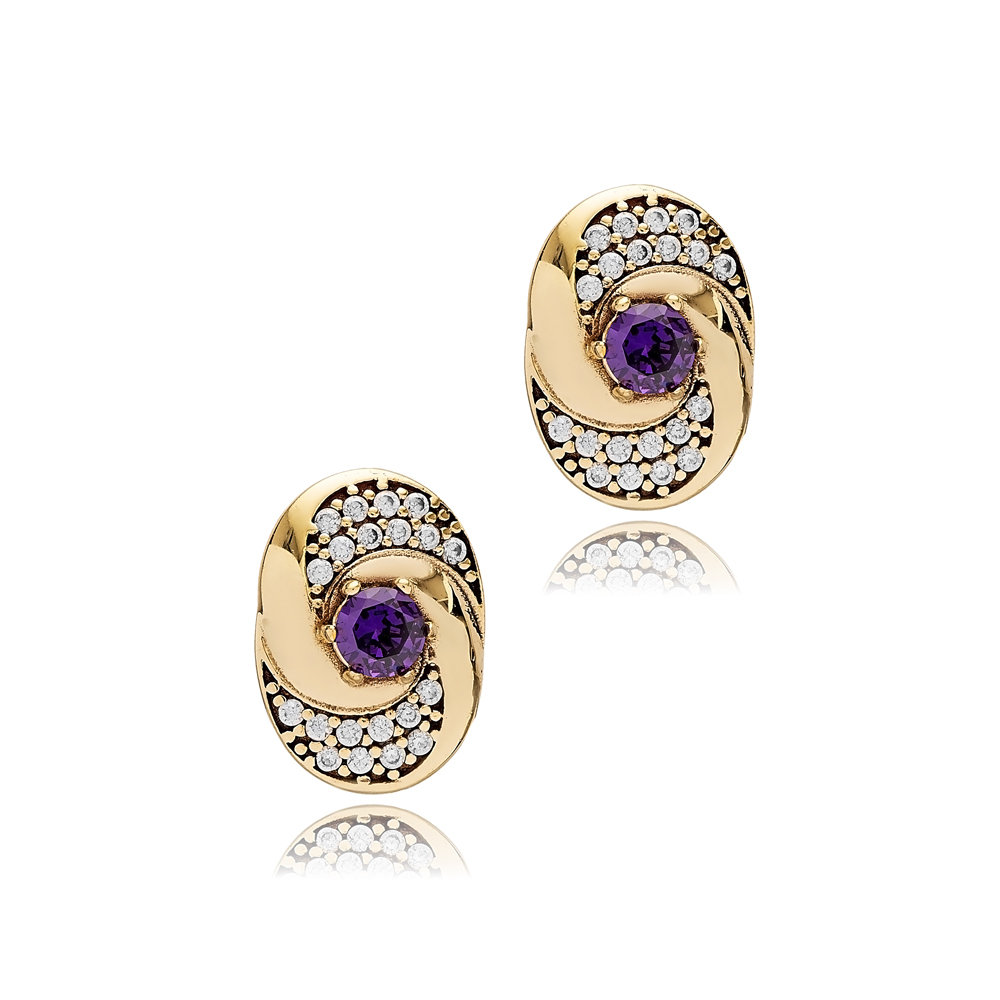 Amethyst CZ Round Design Authentic Earrings
