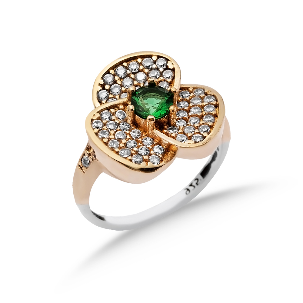 Emerald CZ Flower Ottoman Silver Authentic Ring