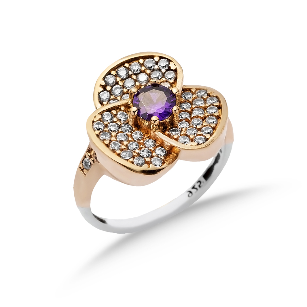 Amethyst CZ Flower Ottoman Silver Authentic Ring