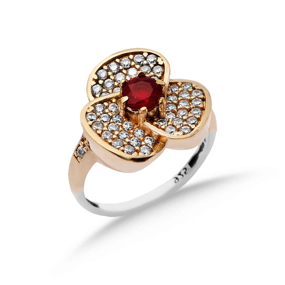 Garnet CZ Flower Ottoman Silver Authentic Ring