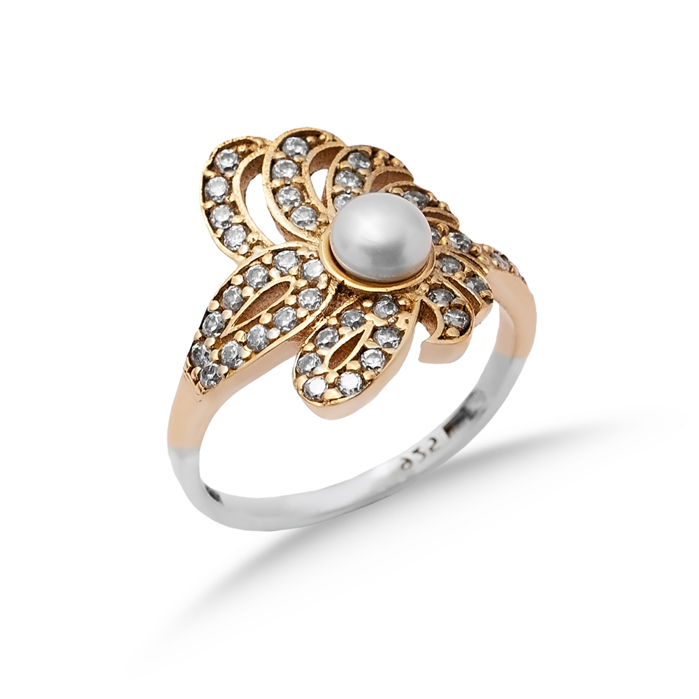 Pearl CZ Flower Ottoman Silver Authentic Ring