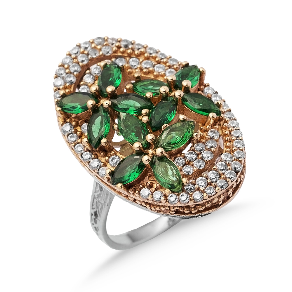 Emerald CZ Flower Design Authentic Ring