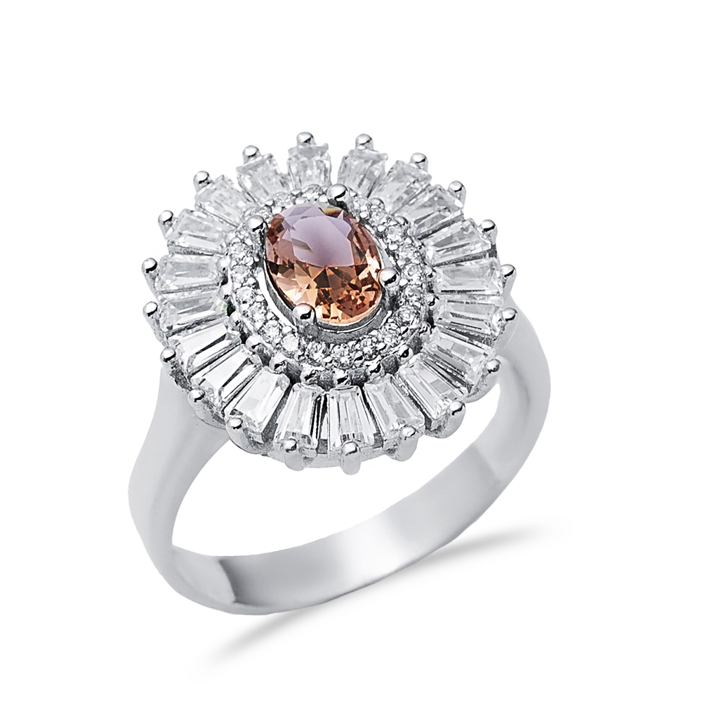 Shiny CZ Oval Baguette Cluster Silver Zultanite Ring